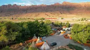Moab RV & Glamping resort aerial view with tipis, rv sites, tents