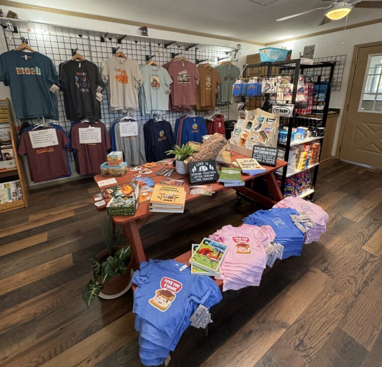 Assorted merchandising in the camp store at Moab RV & Glamping Resort